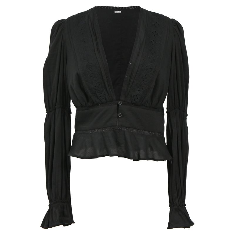 Reformation Plunge Neckline Long Sleeve Crop Top In Black Cotton